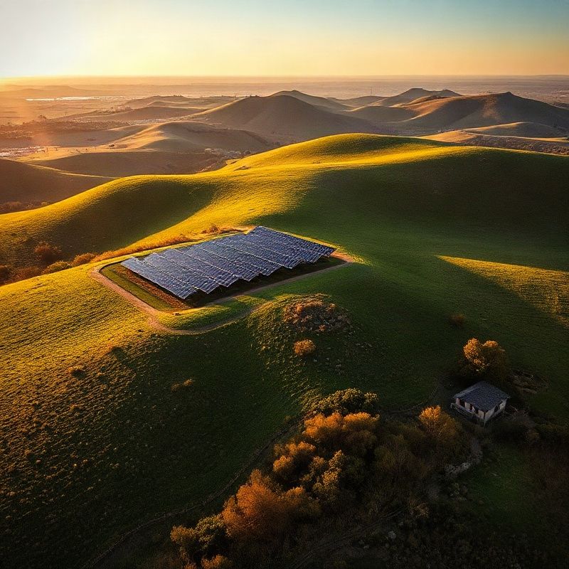 Vista aérea del campo del norte de Uruguay cerca de Rivera con paneles solares sobre colinas verdes